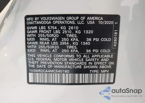 2021 Volkswagen Atlas 3.6L V6 Se W/Technology z USA, uszkodzony, nr VIN 1V2WR2CA4MC540180